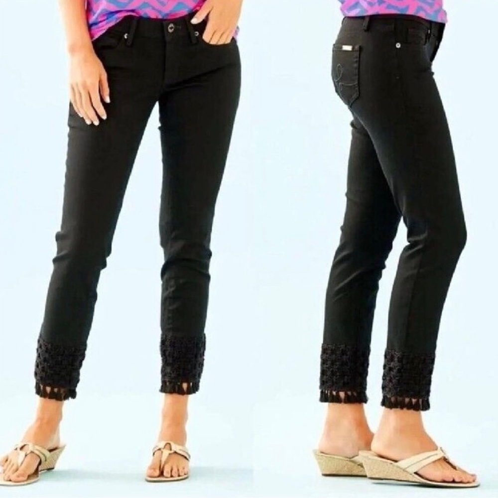 Lilly Pulitzer Black Ocean Lace Pom Pom Crop Ankle Jeans Womens Sz 0 Preppy Boho